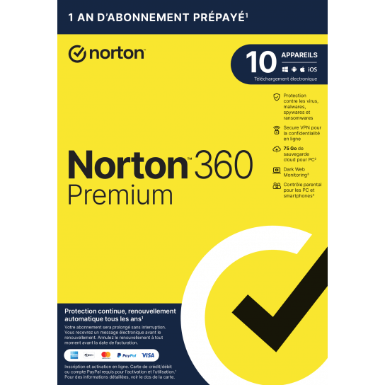 Norton 360 Premium - 10 Appareils - 1 An - 12 mois