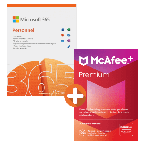 Microsoft 365 Personnel 2024 + McAfee+ Premium Individuel 2024